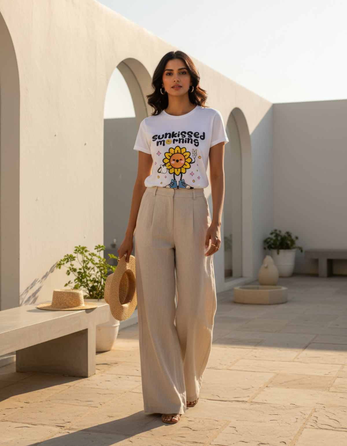 A woman stands in a sunlit outdoor courtyard wearing a white graphic T-shirt with a colorful sunflower print and the words 'sunkissed morning,' paired with loose beige wide-leg pants and holding a straw hat.