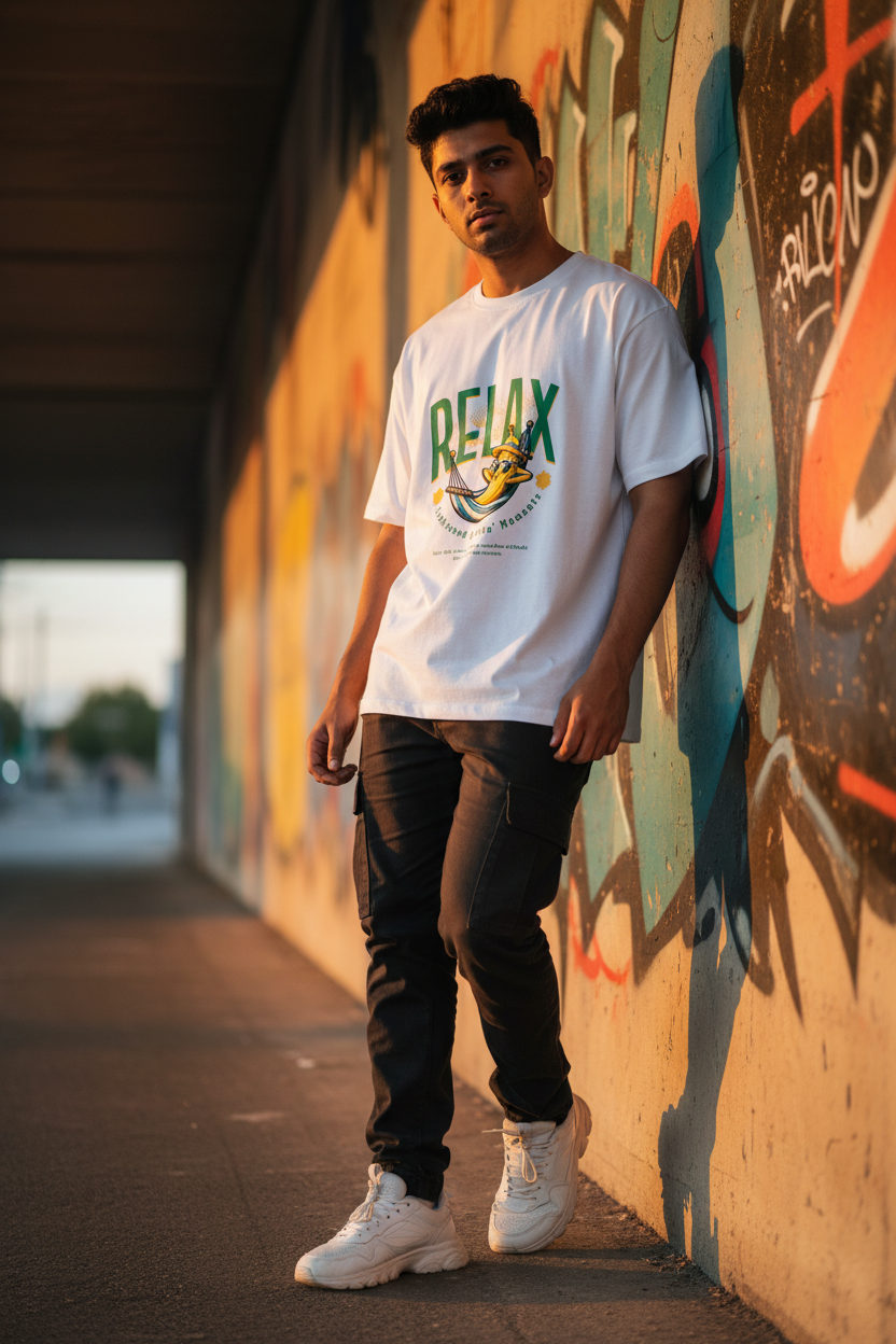 A man wearing a white graphic t-shirt with 'RELAX' printed in green and yellow, paired with black jeans and white sneakers, leaning against a graffiti-covered concrete wall in an outdoor urban setting.