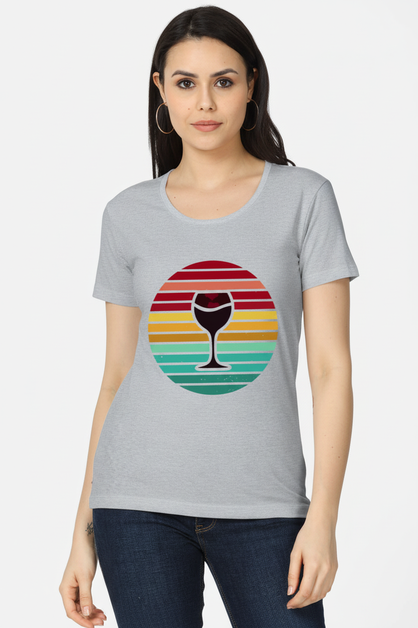 Women's Vintage Retro Sunset Sip Wine Glass Graphic T-Shirt in White, Light Grey & Soft Yellow