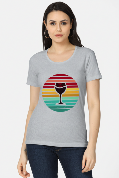 Women's Vintage Retro Sunset Sip Wine Glass Graphic T-Shirt in White, Light Grey & Soft Yellow