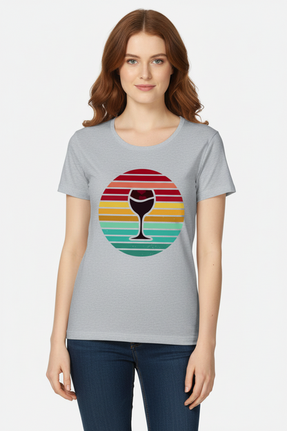 Women's Vintage Retro Sunset Sip Wine Glass Graphic T-Shirt in White, Light Grey & Soft Yellow
