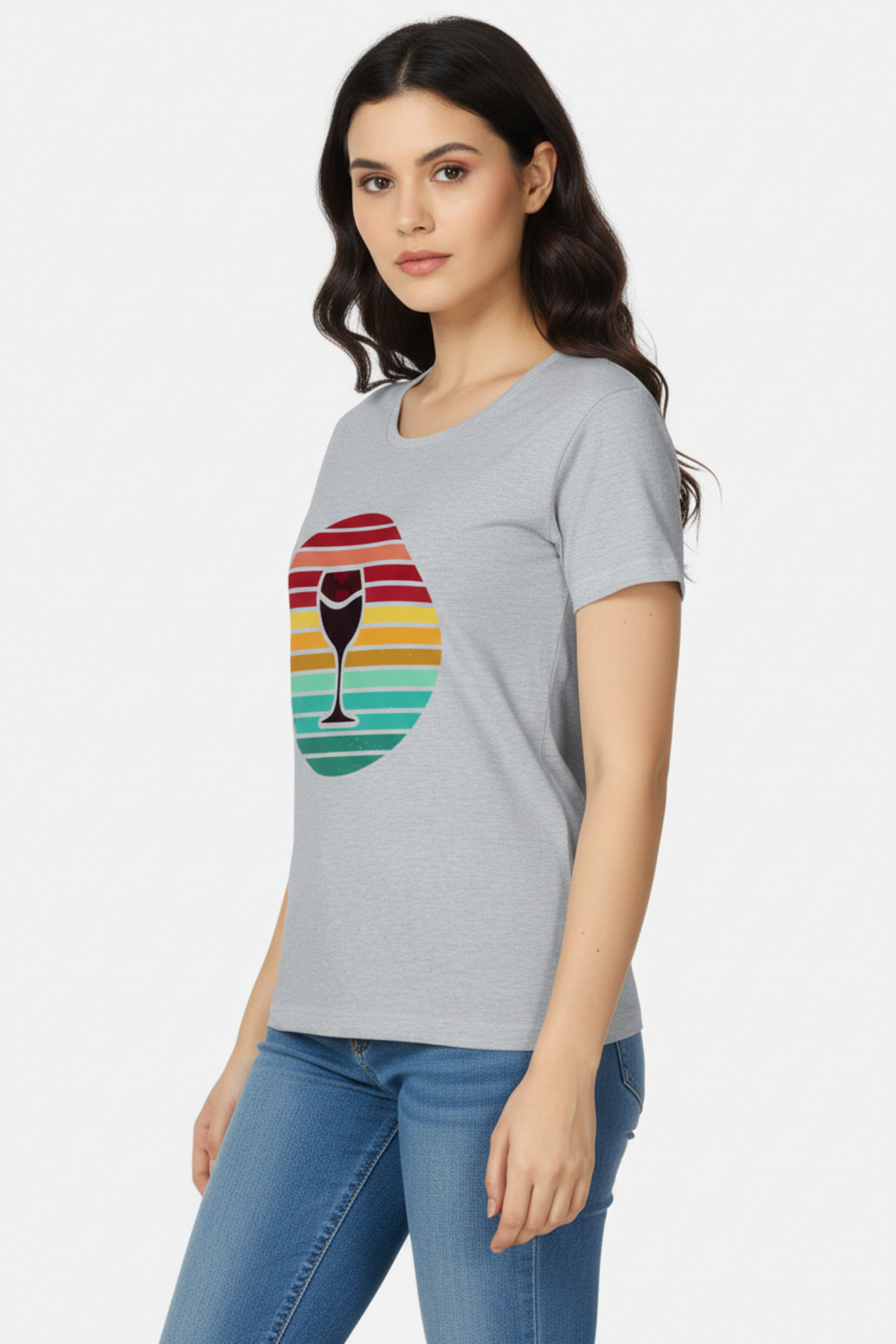Women's Vintage Retro Sunset Sip Wine Glass Graphic T-Shirt in White, Light Grey & Soft Yellow