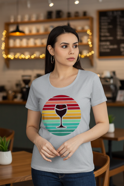 Women's Vintage Retro Sunset Sip Wine Glass Graphic T-Shirt in White, Light Grey & Soft Yellow