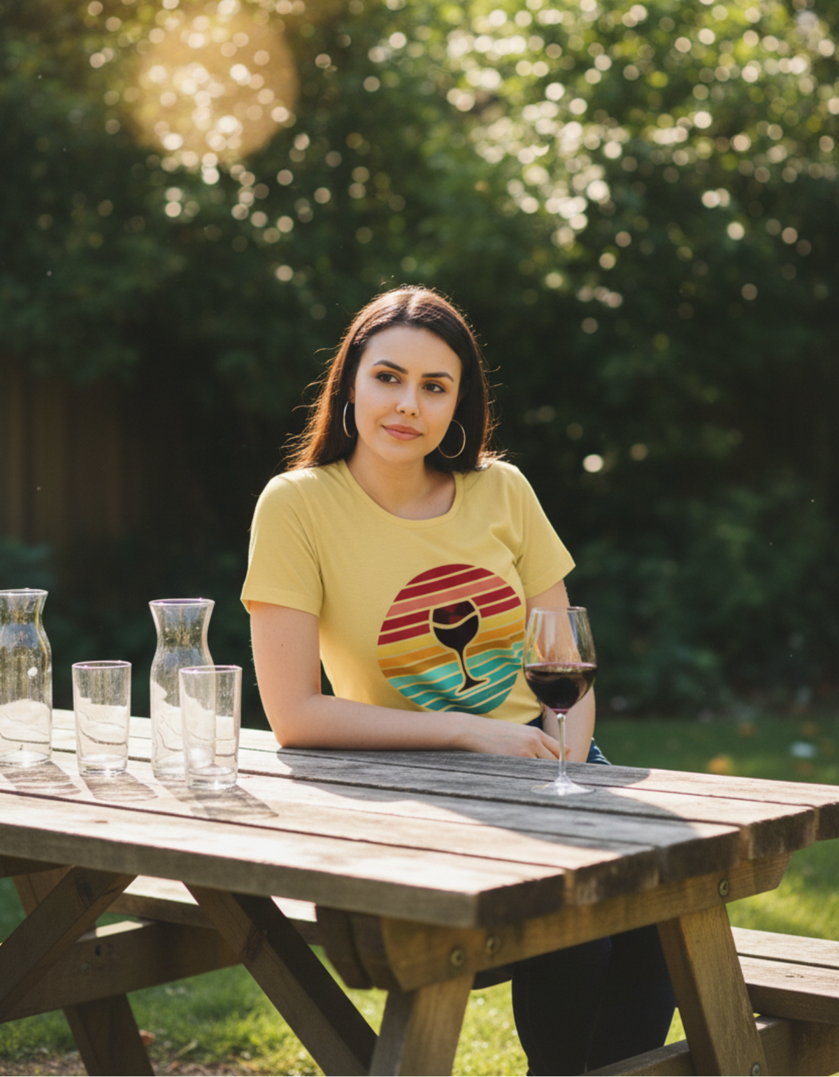 Women's Vintage Retro Sunset Sip Wine Glass Graphic T-Shirt in White, Light Grey & Soft Yellow