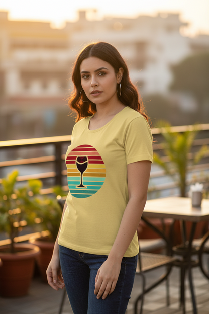 Women's Vintage Retro Sunset Sip Wine Glass Graphic T-Shirt in White, Light Grey & Soft Yellow