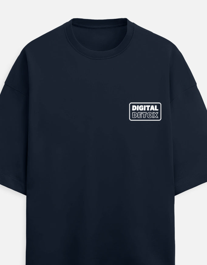 Front view of Digital Detox Oversized T-Shirt in Navy Blue — Unisex Drop Shoulder Streetwear Tee | Trendmelo