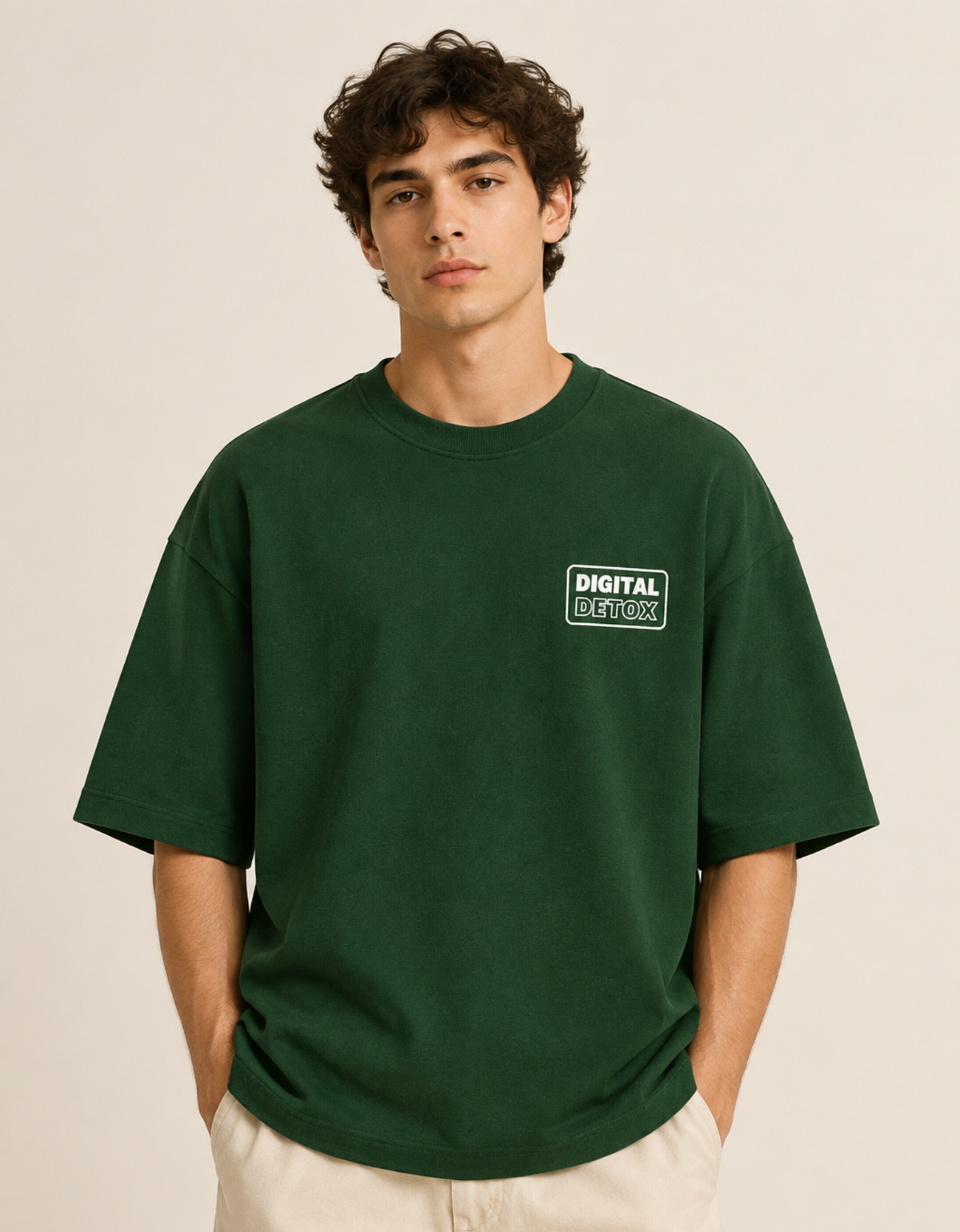 Front view of Digital Detox Oversized T-Shirt in Bottle Green — Unisex Drop Shoulder Streetwear Tee | Trendmelo