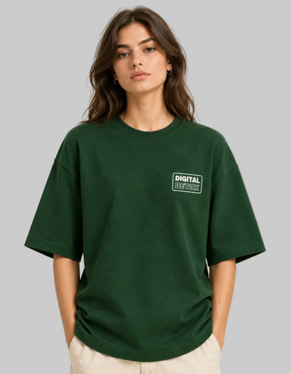 Digital Detox Oversized T-Shirt Left View in Bottle Green — Drop Shoulder Silhouette | Trendmelo