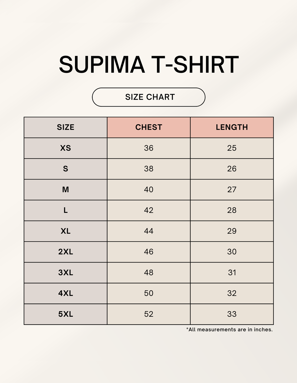 Trendmelo Unisex Supima T-Shirt TMQUC23 Size Chart