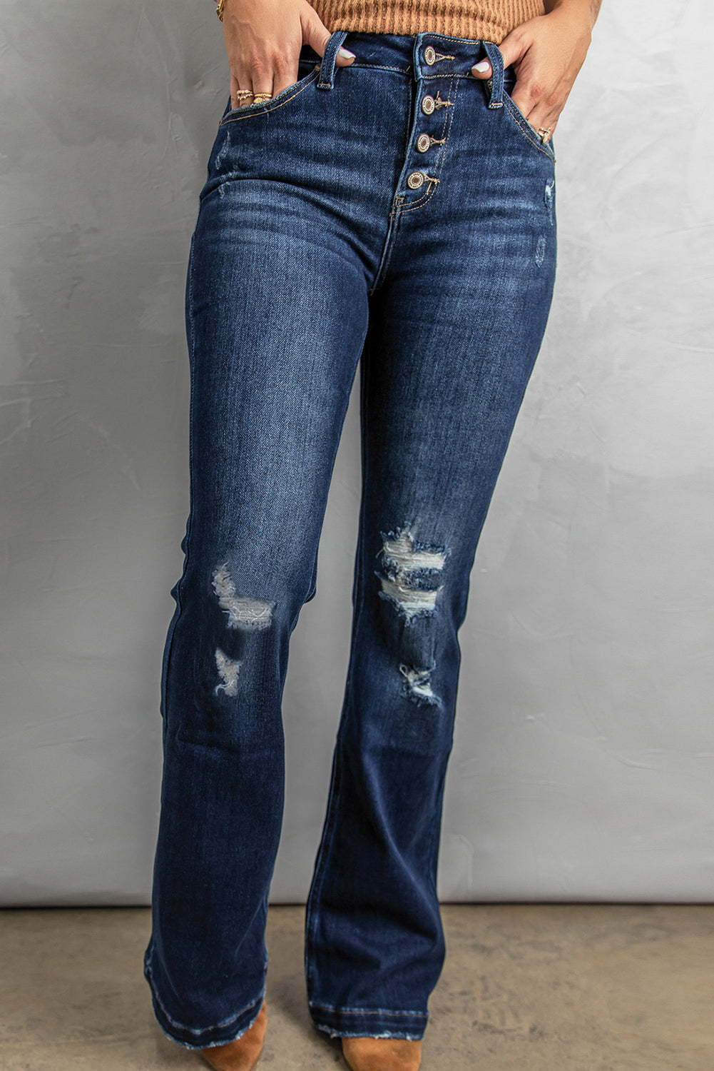 Button Fly Distressed Bootcut Jeans - TRENDMELO