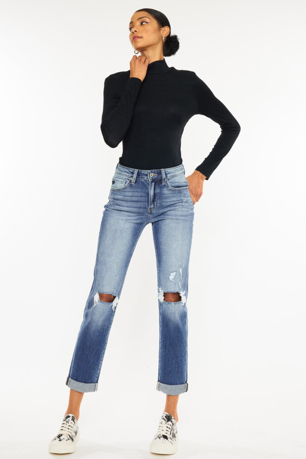 Kancan High Waist Distressed Hem Detail Cropped Straight Jeans - TRENDMELO