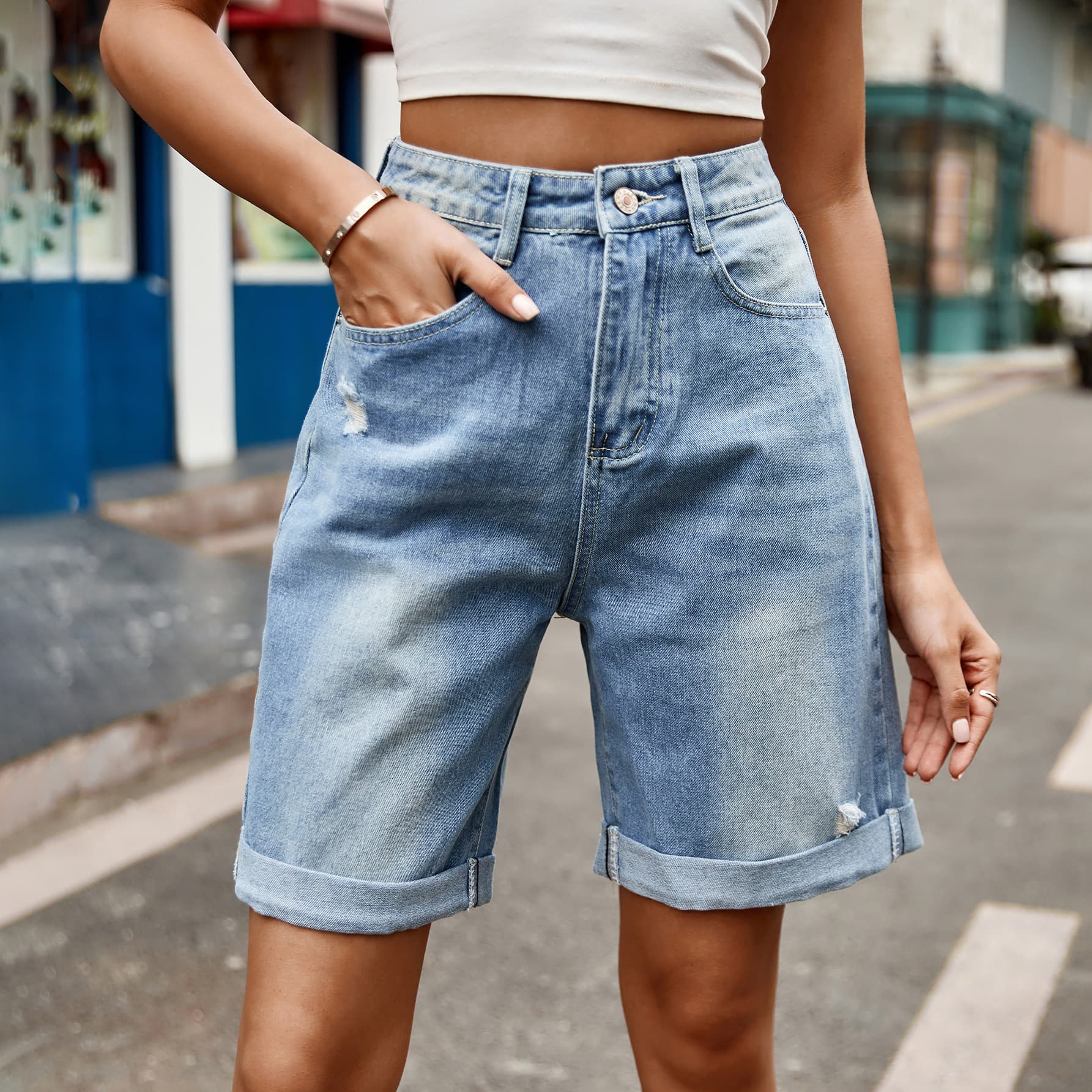 Distressed Buttoned Denim Shorts with Pockets - TRENDMELO