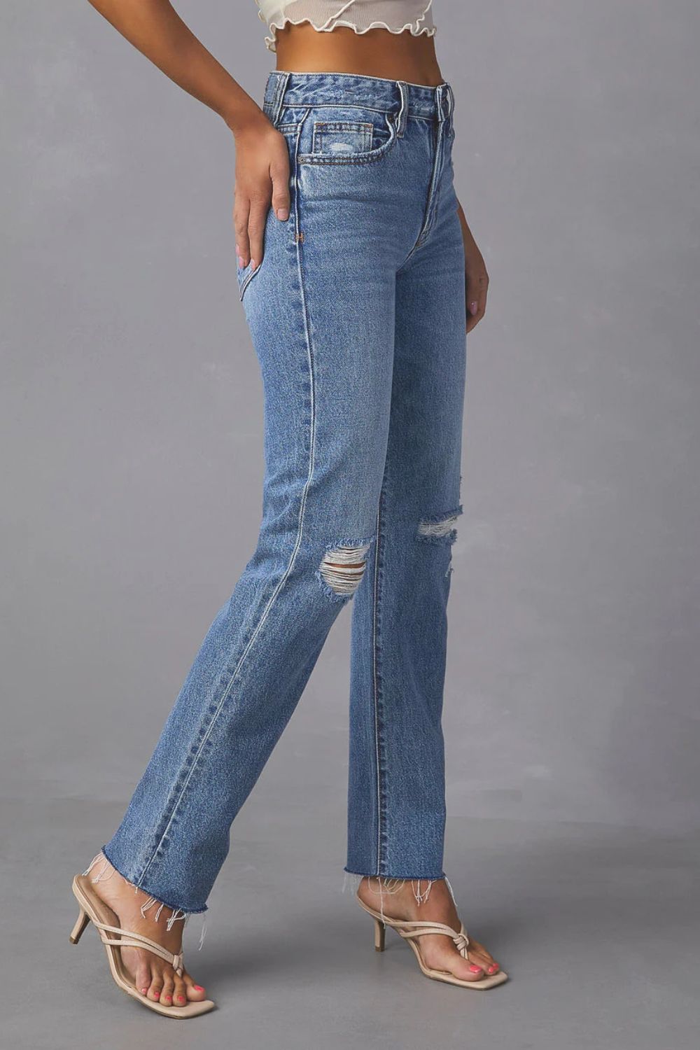 Distressed Raw Hem Straight Jeans with Pockets - TRENDMELO