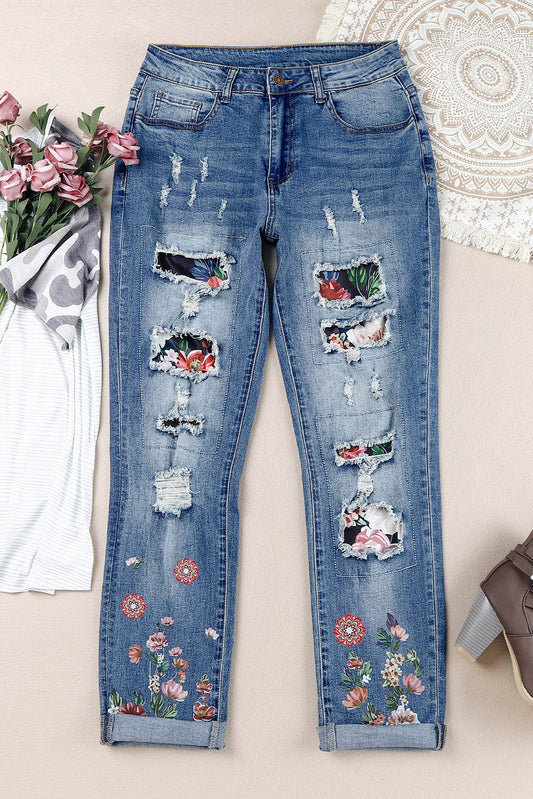 Floral Graphic Patchwork Distressed Jeans - TRENDMELO