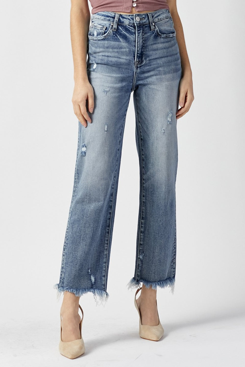 RISEN High Waist Raw Hem Straight Jeans - TRENDMELO