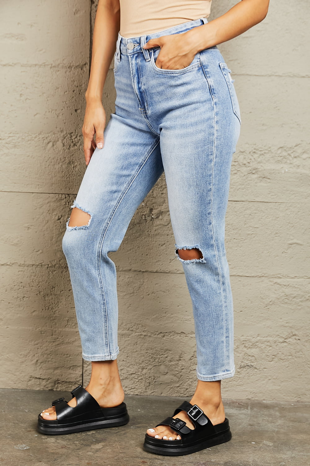 BAYEAS High Waisted Distressed Slim Cropped Jeans - TRENDMELO