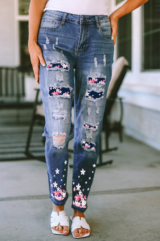 Flower Distressed Jeans with Pockets - TRENDMELO