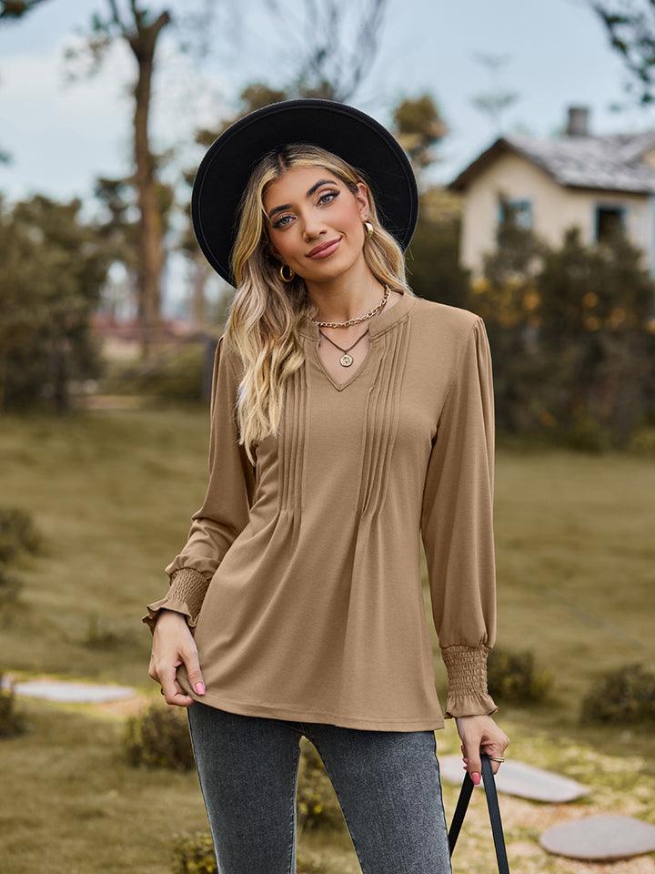 Notched Neck Flounce Sleeve Blouse