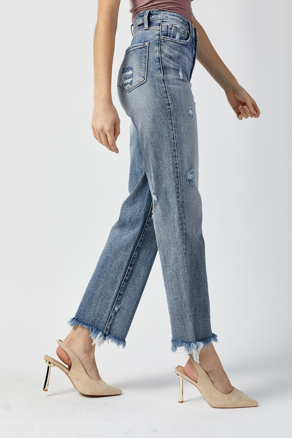 RISEN High Waist Raw Hem Straight Jeans - TRENDMELO