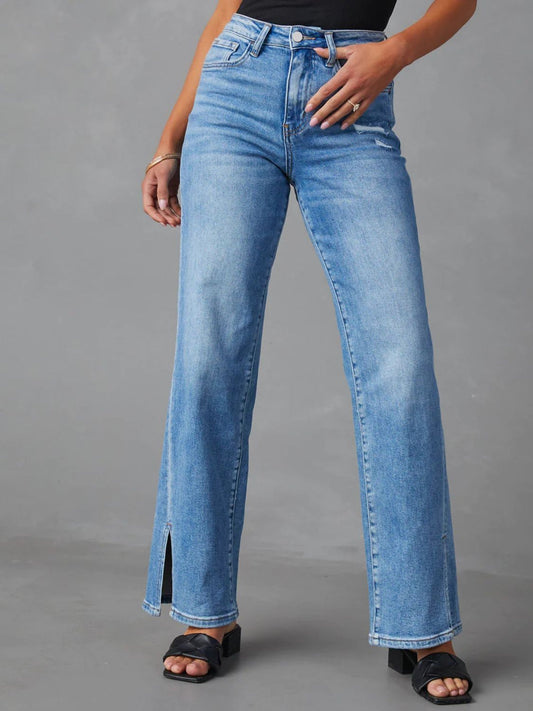 Slit Buttoned Jeans with Pockets - TRENDMELO