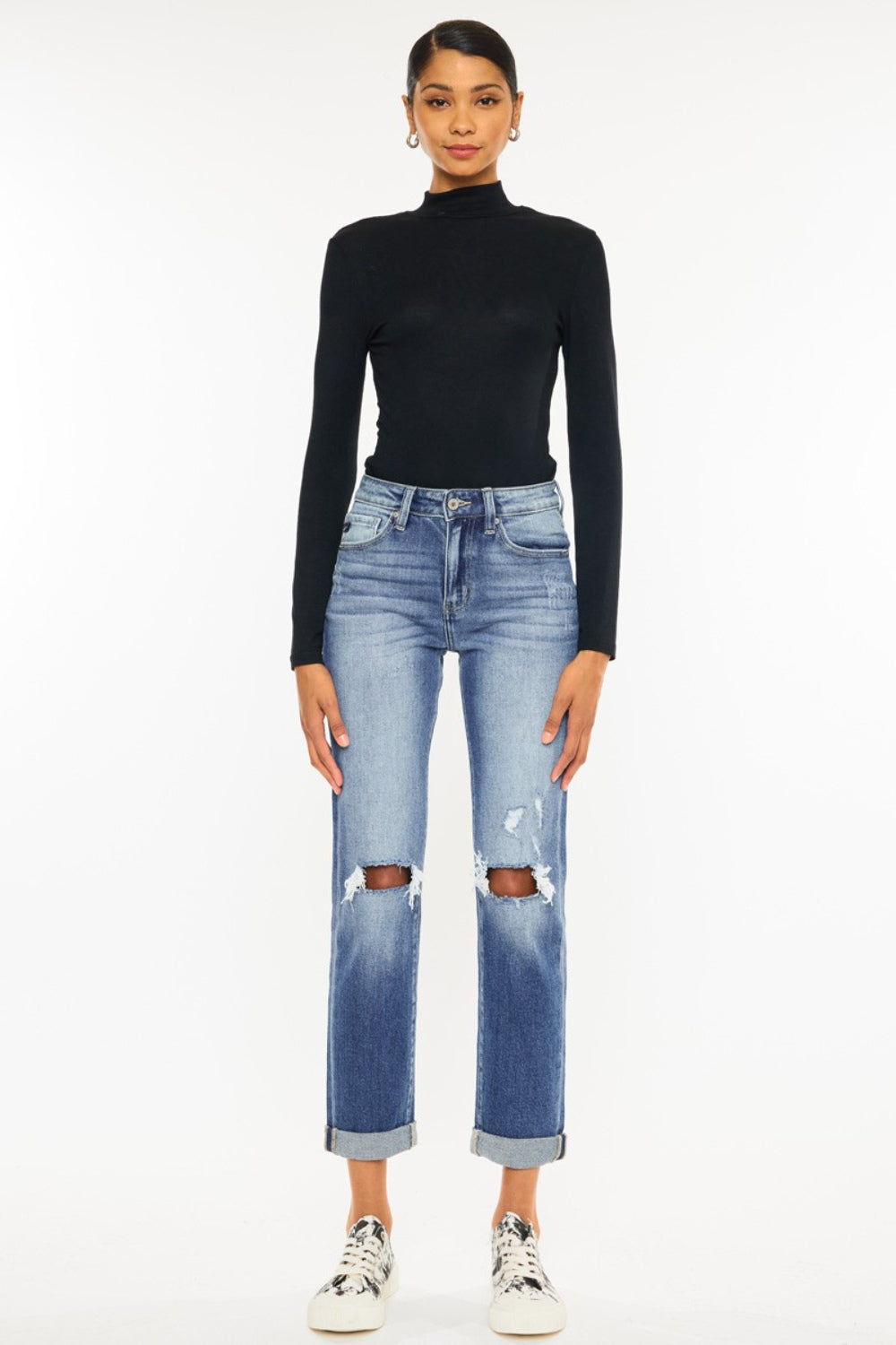 Kancan High Waist Distressed Hem Detail Cropped Straight Jeans - TRENDMELO