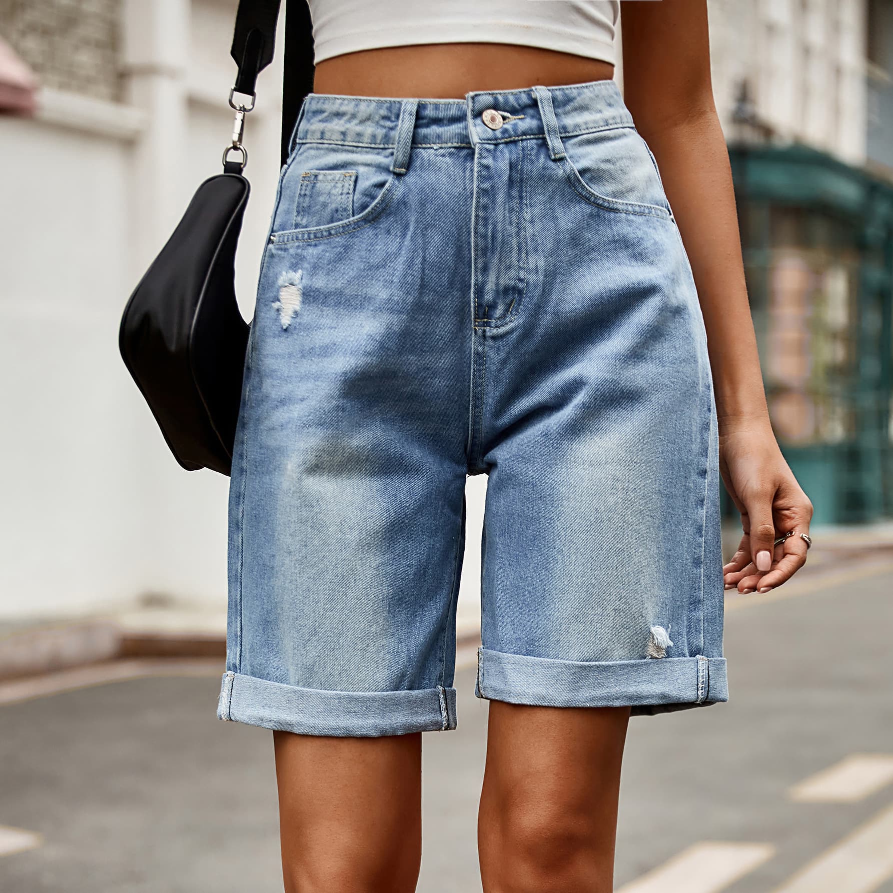 Distressed Buttoned Denim Shorts with Pockets - TRENDMELO