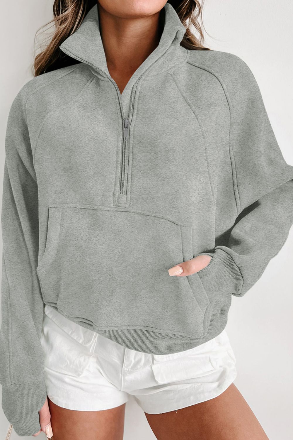 Zip-Up Collared Neck Raglan Sleeve Sweatshirt