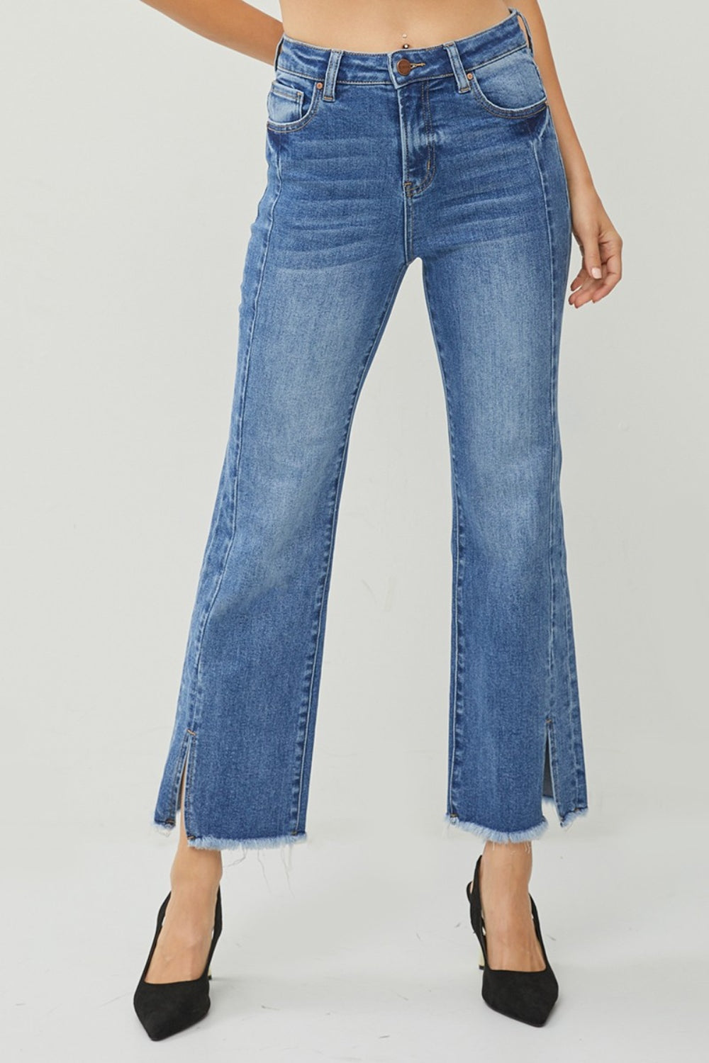 RISEN High Waist Raw Hem Slit Straight Jeans - TRENDMELO