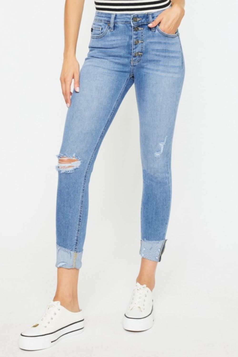 Kancan Distressed Cat's Whiskers Button Fly Jeans - TRENDMELO