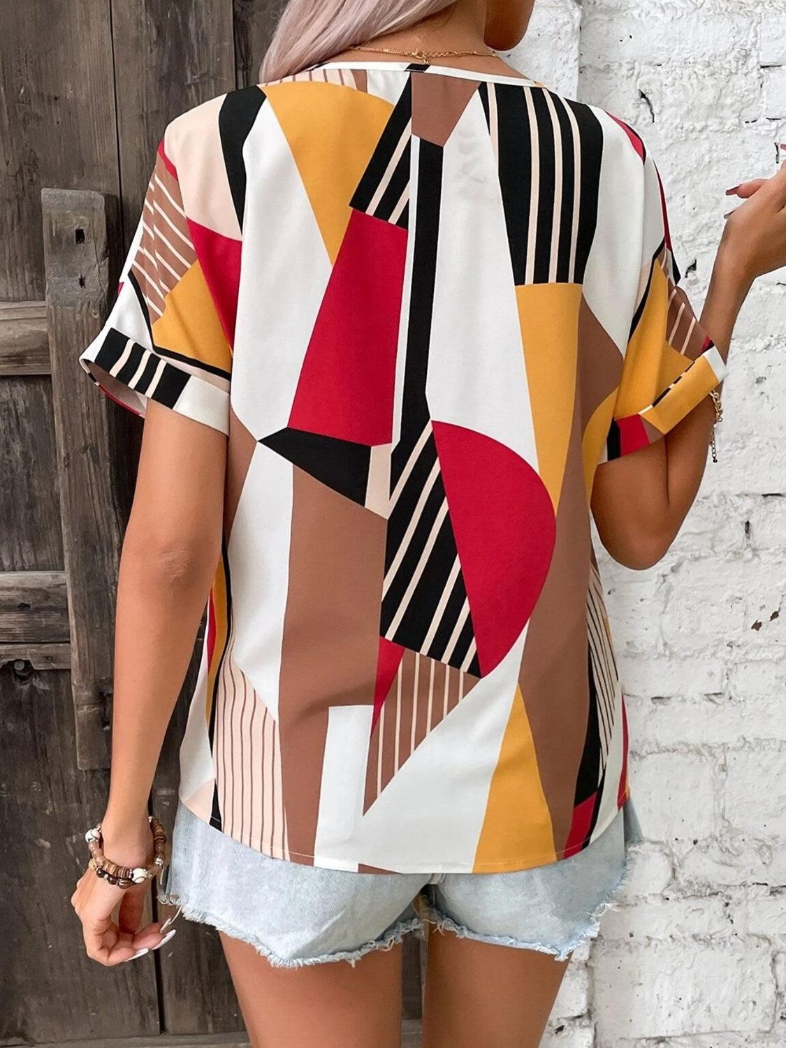 Printed V-Neck Short Sleeve Blouse