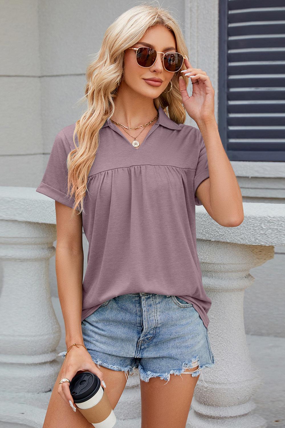 Ruched Johnny Collar Short Sleeve Blouse