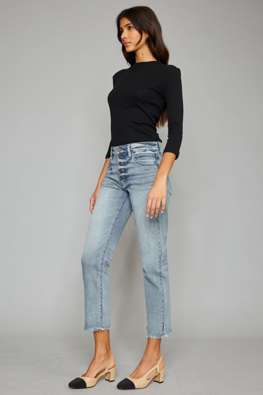 Kancan High Waist Button Fly Raw Hem Cropped Straight Jeans - TRENDMELO