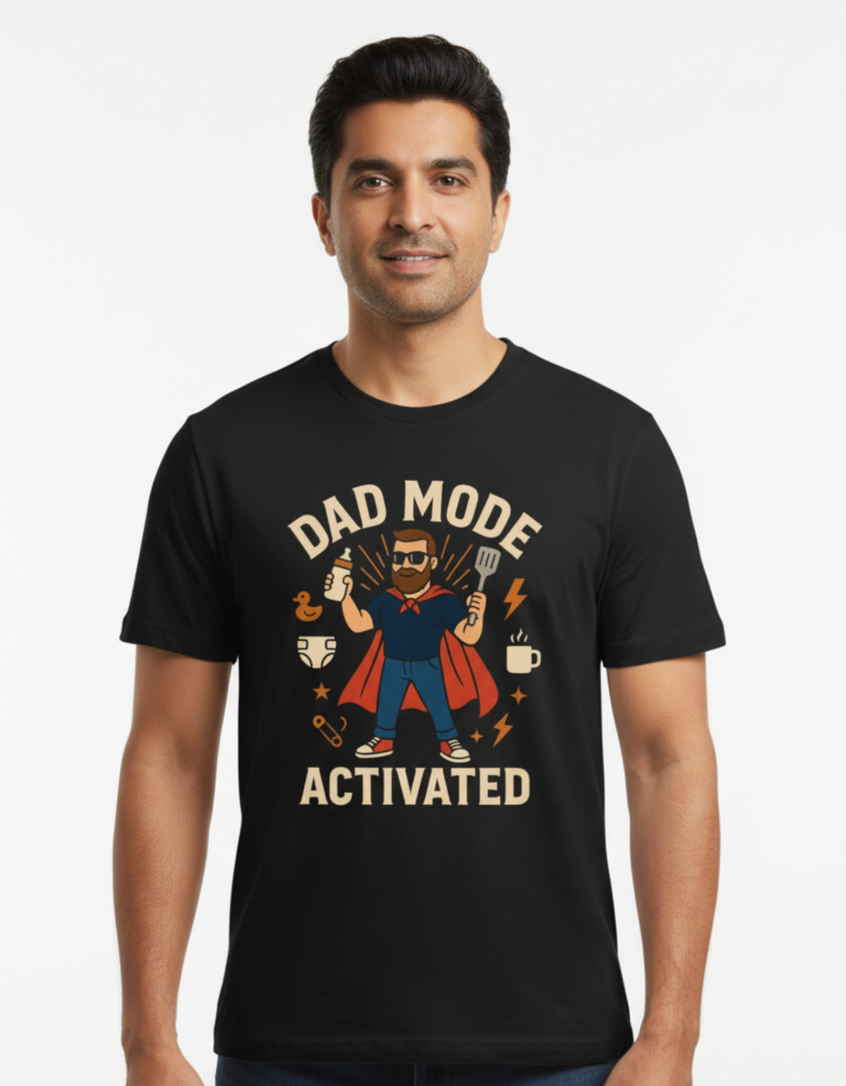 Dad Mode Activated T-Shirt in black cotton featuring a superhero dad graphic print – funny birthday and new dad gift.