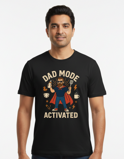 Dad Mode Activated T-Shirt in black cotton featuring a superhero dad graphic print – funny birthday and new dad gift.