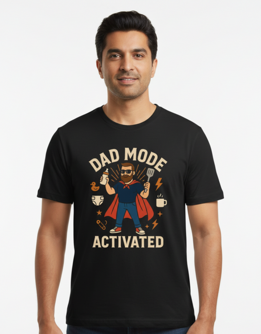 Dad Mode Activated T-Shirt in black cotton featuring a superhero dad graphic print – funny birthday and new dad gift.