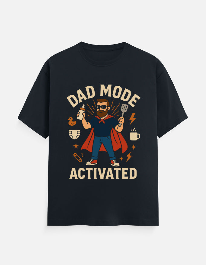 Dad Mode Activated T-Shirt in navy blue cotton featuring a superhero dad graphic print – funny birthday and new dad gift.