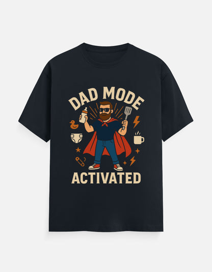 Dad Mode Activated T-Shirt in navy blue cotton featuring a superhero dad graphic print – funny birthday and new dad gift.