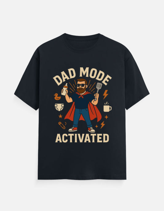Dad Mode Activated T-Shirt in navy blue cotton featuring a superhero dad graphic print – funny birthday and new dad gift.