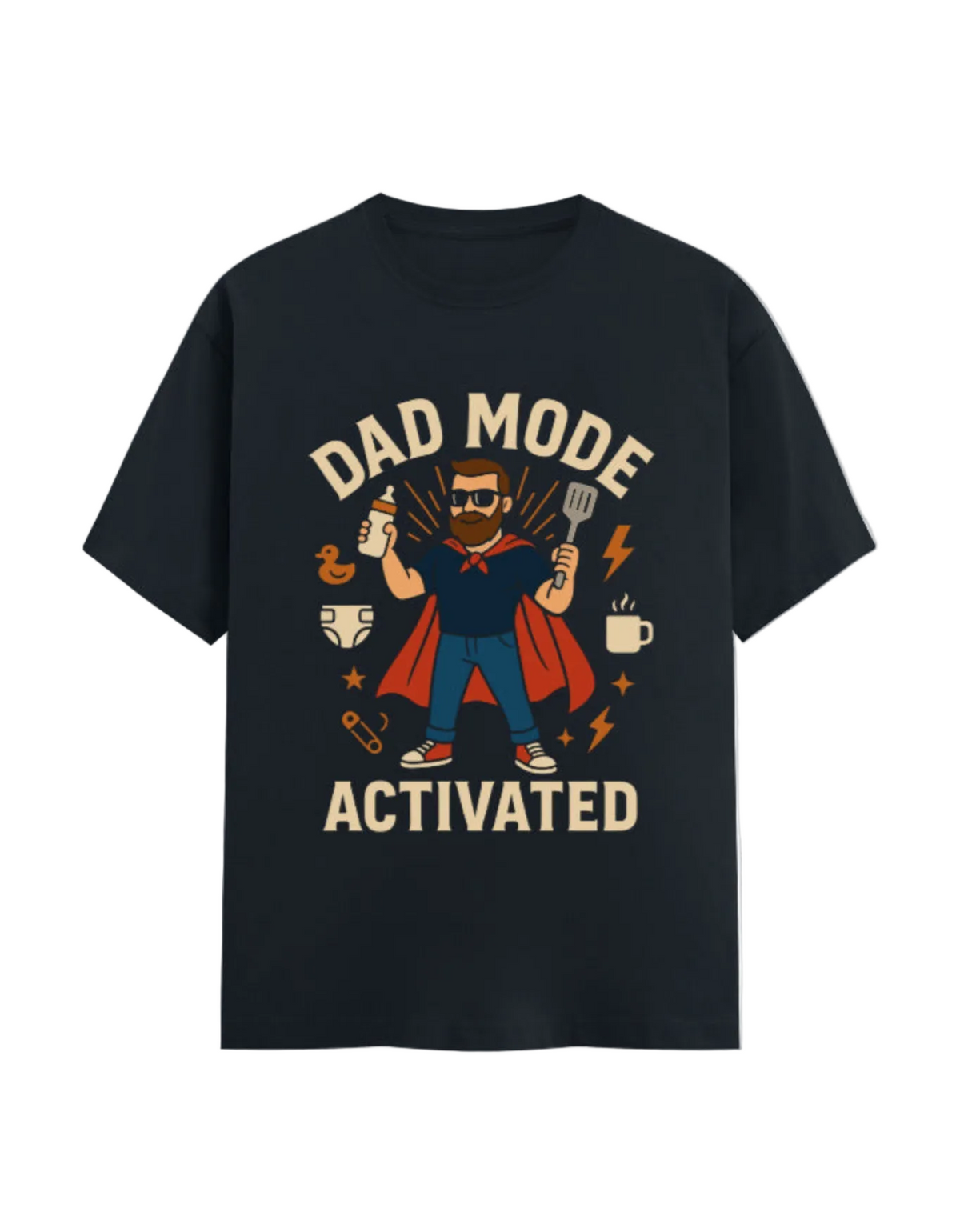 A black short-sleeve graphic t-shirt featuring a cartoon illustration of a bearded man in a superhero cape holding a spatula and a diaper pail, with the text 'DAD MODE ACTIVATED' in beige.