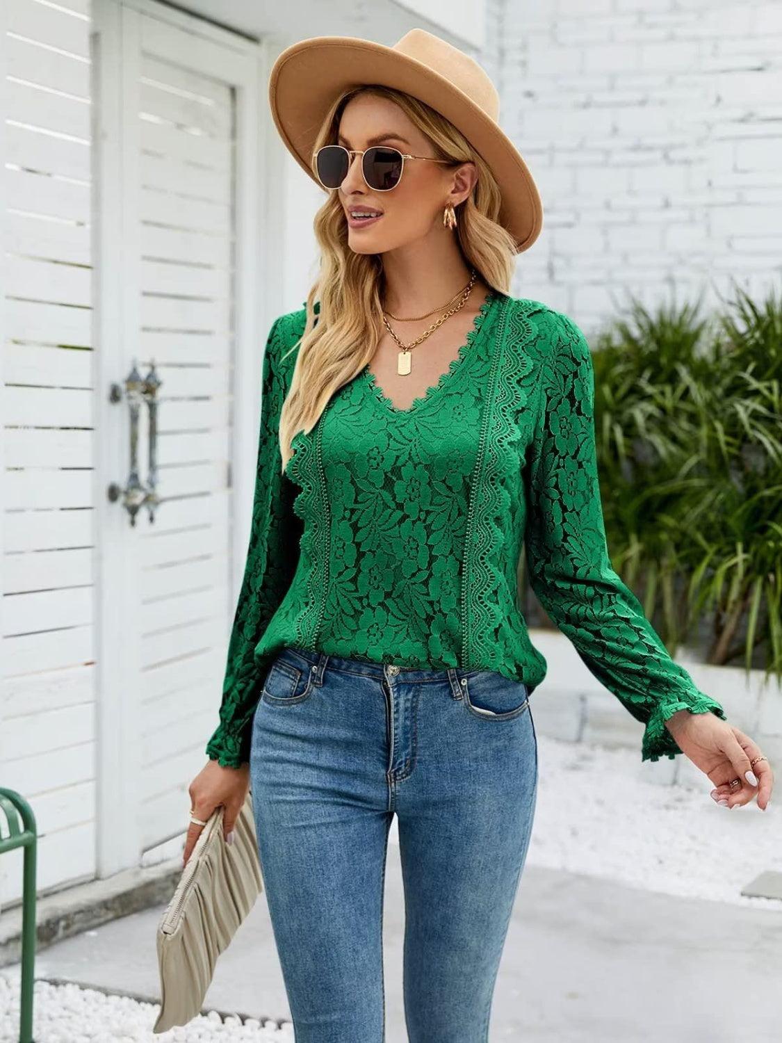 Lace V-Neck Flounce Sleeve Blouse