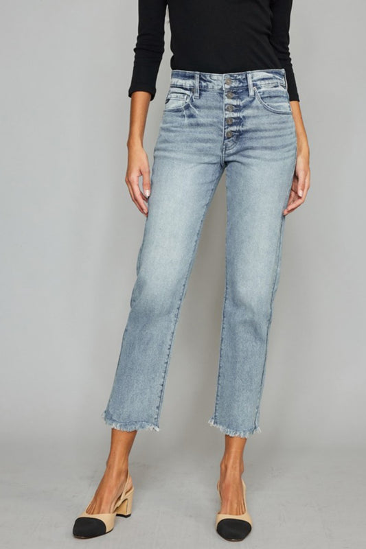 Kancan High Waist Button Fly Raw Hem Cropped Straight Jeans - TRENDMELO