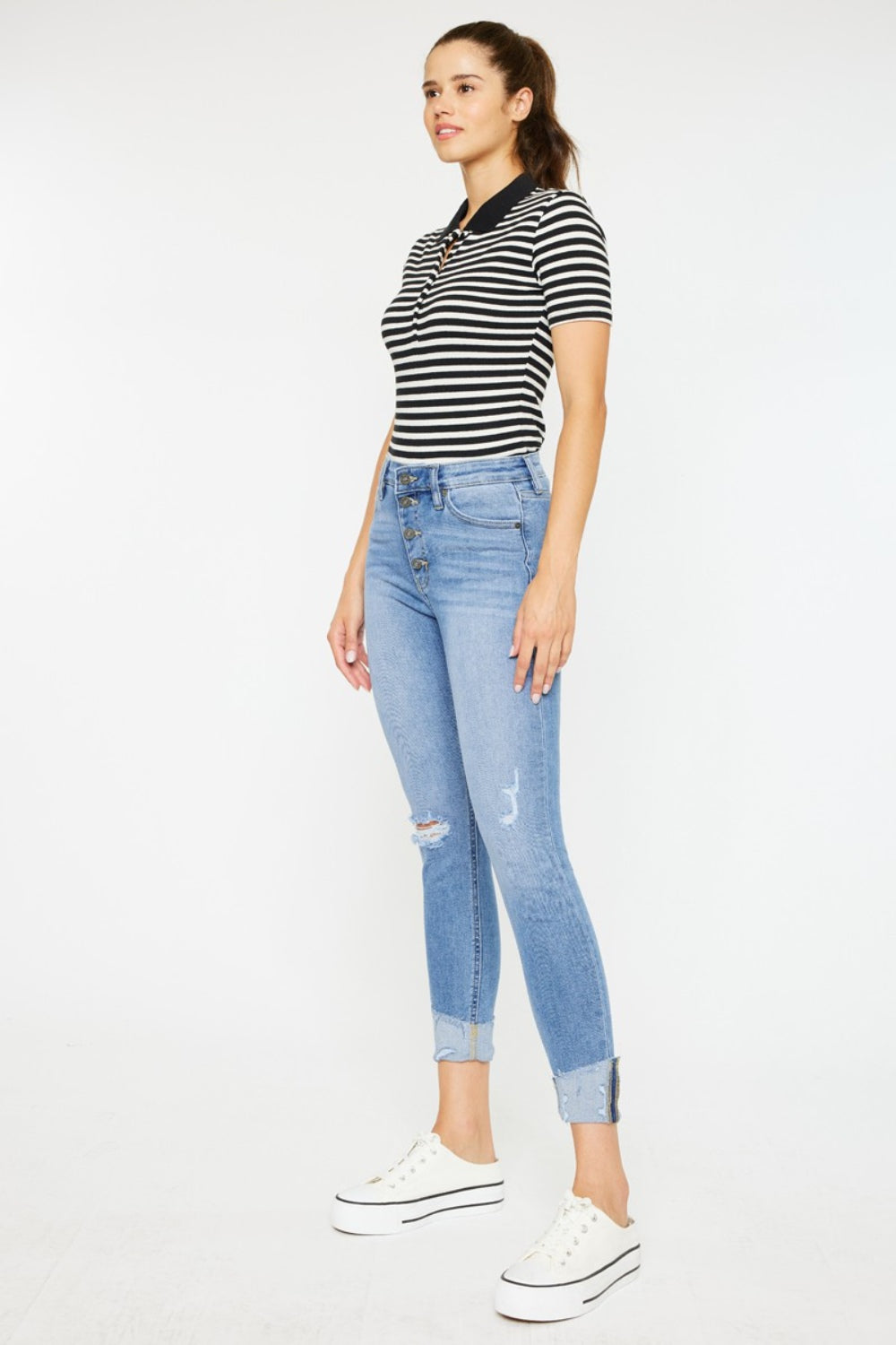 Kancan Distressed Cat's Whiskers Button Fly Jeans - TRENDMELO