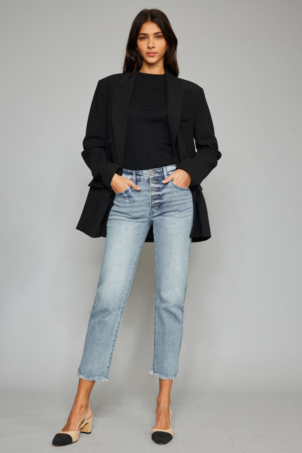 Kancan High Waist Button Fly Raw Hem Cropped Straight Jeans - TRENDMELO