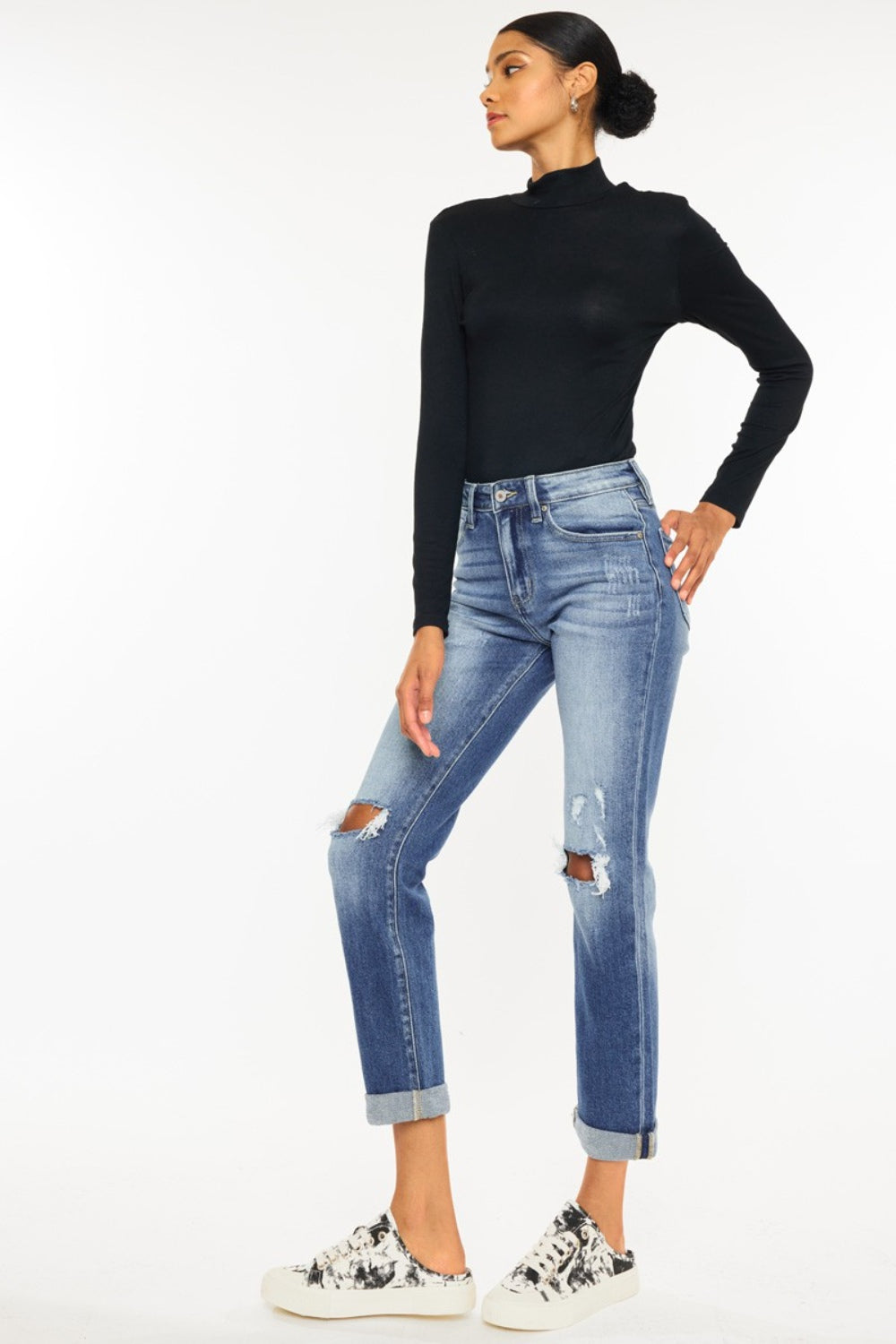 Kancan High Waist Distressed Hem Detail Cropped Straight Jeans - TRENDMELO