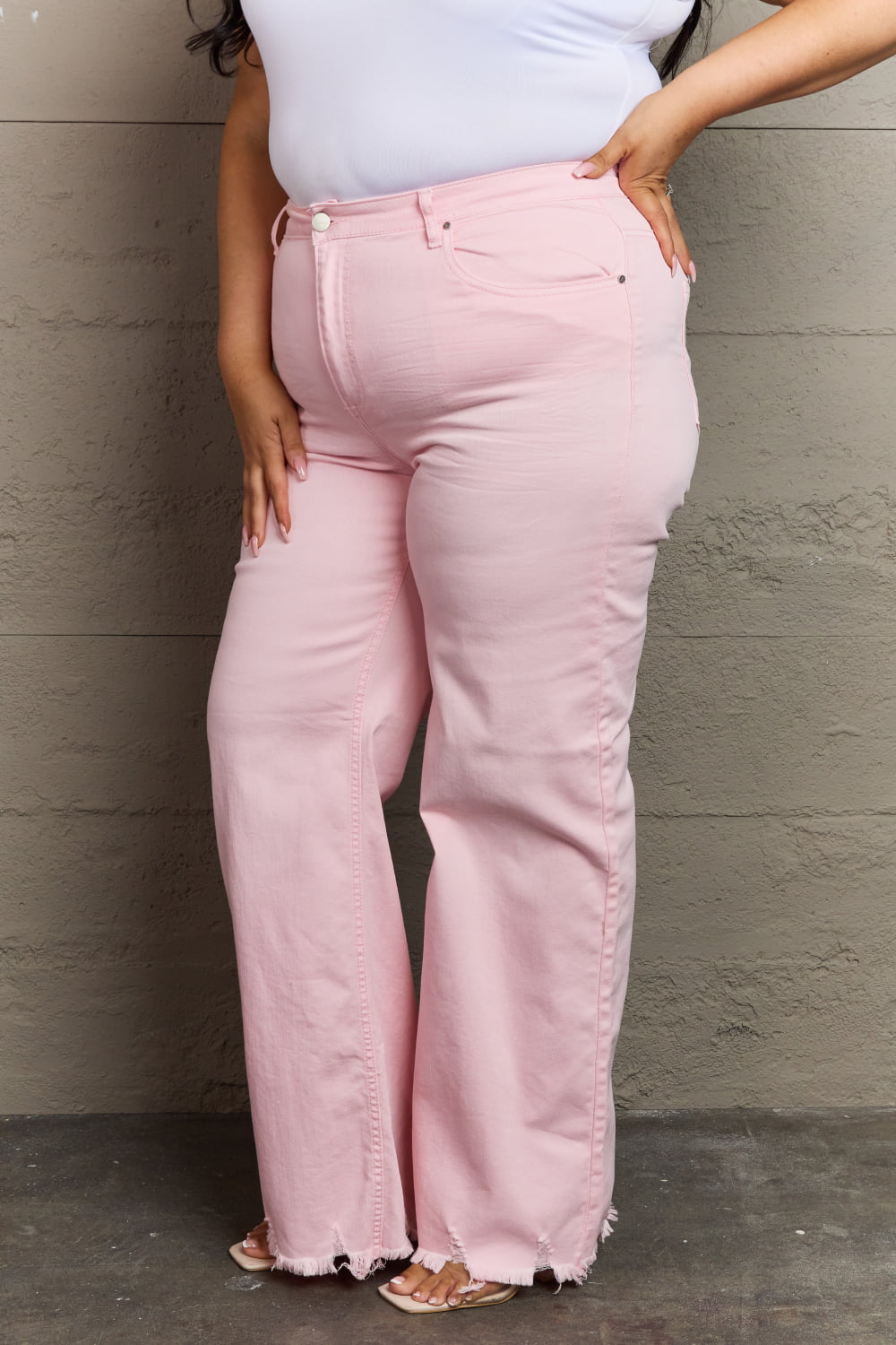 RISEN Raelene Full Size High Waist Wide Leg Jeans in Light Pink - TRENDMELO