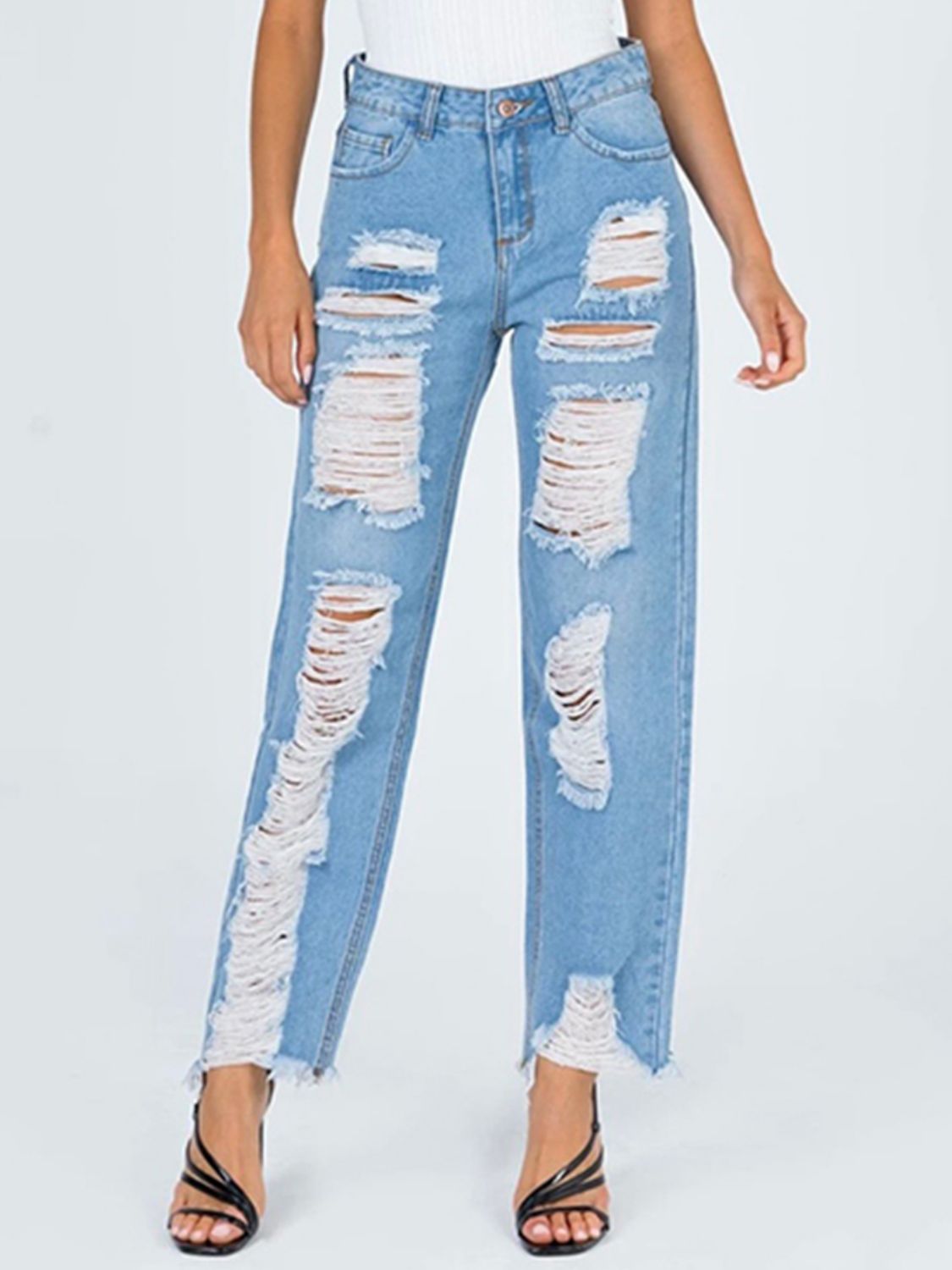 Raw Hem Distressed Straight Jeans - TRENDMELO