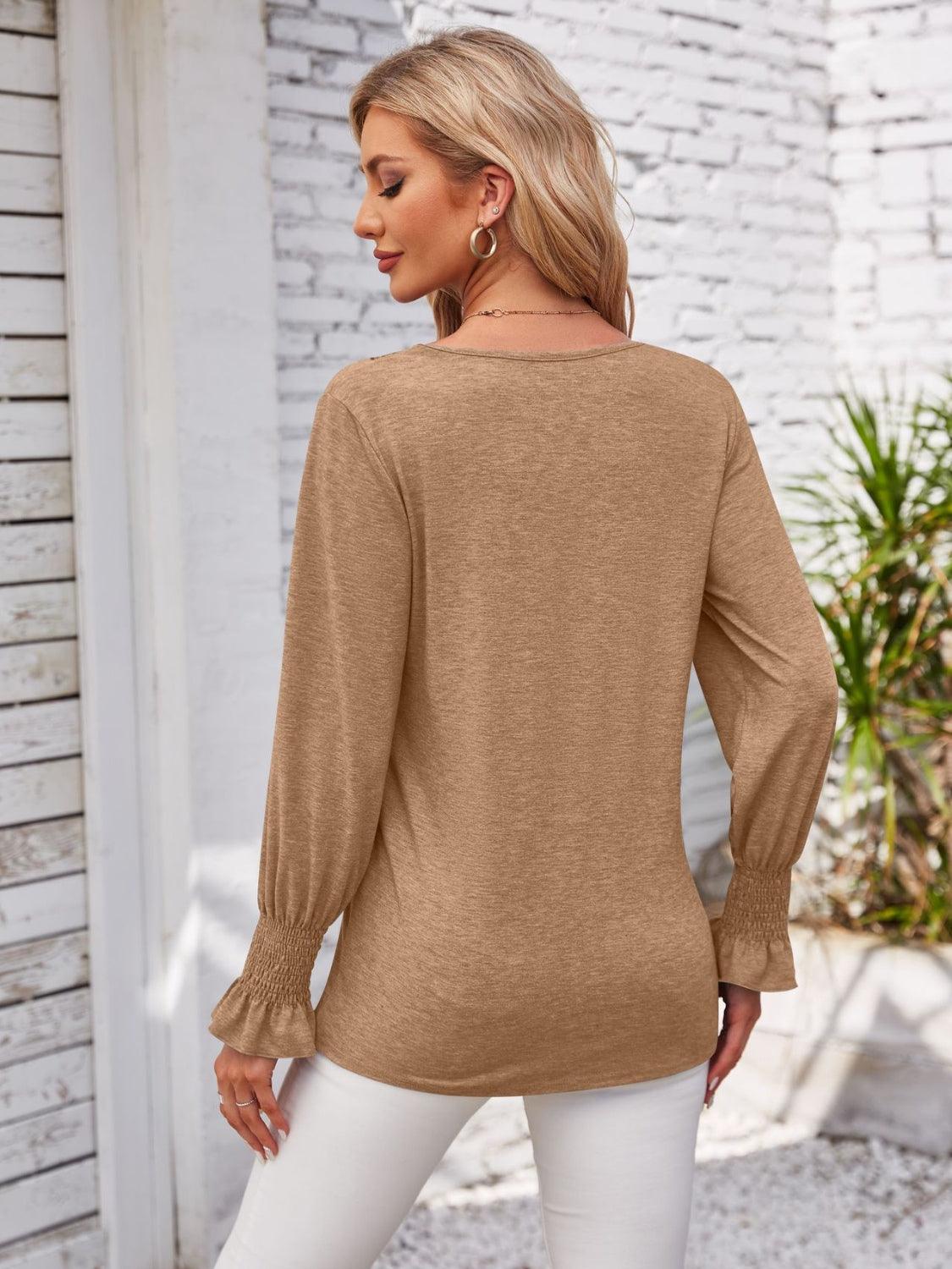 Smocked V-Neck Long Sleeve Blouse