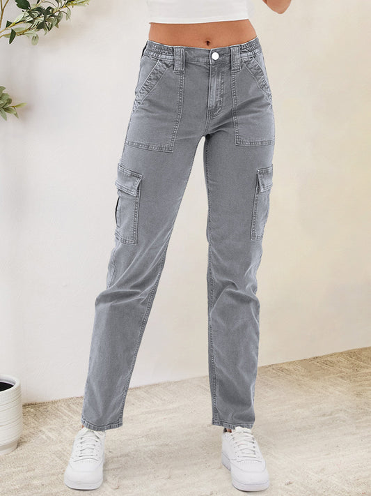 Buttoned Straight Jeans with Cargo Pockets - TRENDMELO