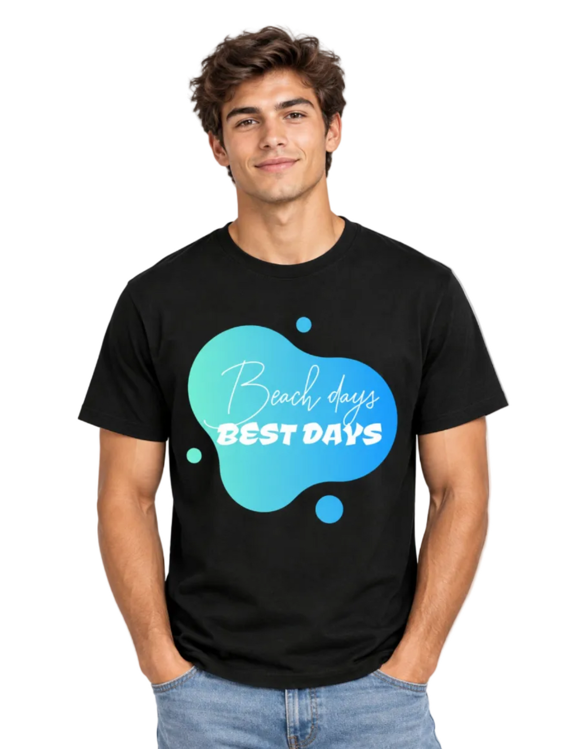A man wearing a black short-sleeve t-shirt with a blue and teal abstract bubble graphic on the chest that reads 'Beach days BEST DAYS' in white script and block lettering, paired with light blue jeans against a plain white background.
