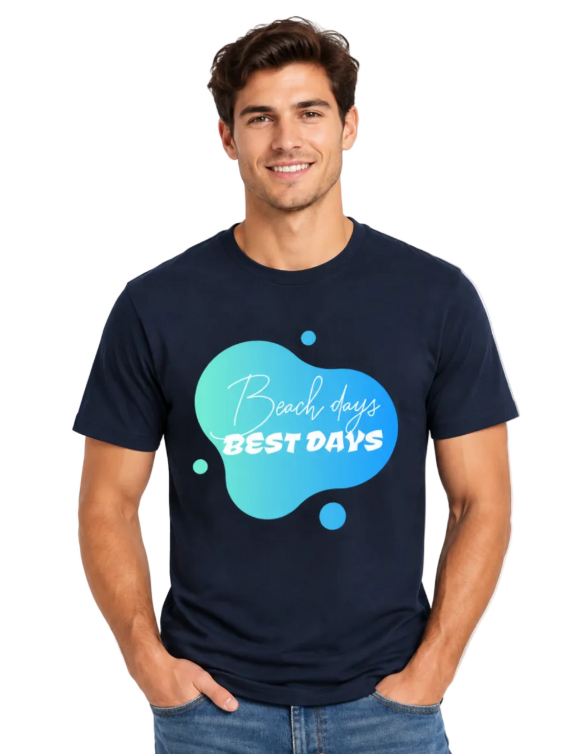 A navy blue short-sleeve t-shirt with a blue and green abstract splash graphic on the front featuring the text 'Beach days BEST DAYS' in white, displayed on a solid white background.